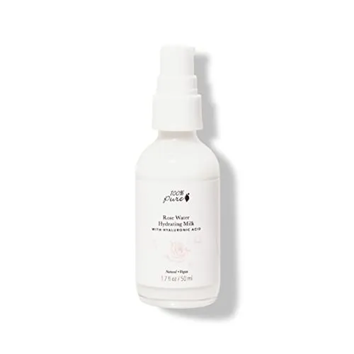 100% PURE Rose Water Hydrating Milk Face Moisturizer Natural Care Hyaluronic Acid, Squalene Replenish Suppleness Dry Dehydrated Skin - Vegan - 1.7oz